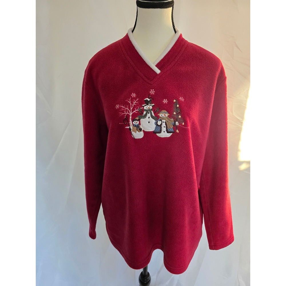 Croft & Barrow Womens Red Fleece V Neck Snowman Holiday Sweater Top Size L